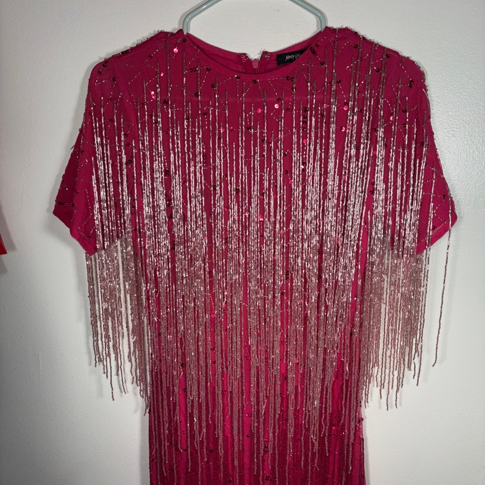 Nasty Gal Beaded Fringe Mini Dress Womens Sz 0 Pink Sequin Party Cocktail - Picture 2 of 12